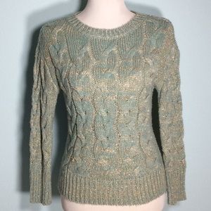 Aqua/Metallic Gold Long Sleeve Cable Knit Sweater